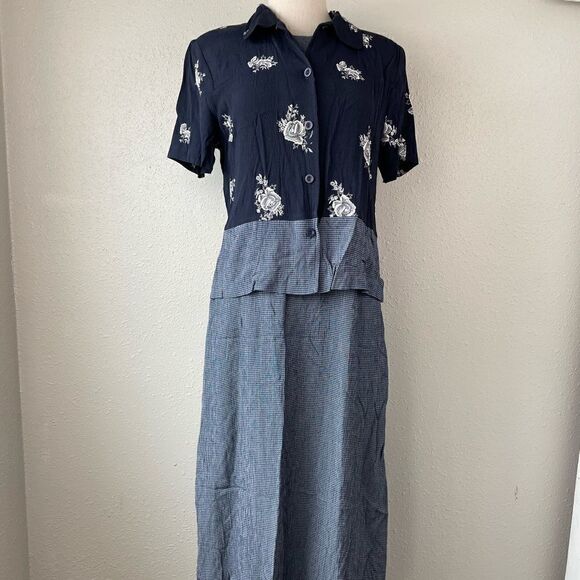 Vintage En Focus Studio Two Piece navy Blue Floral Top and Dress Size 10 - Picture 1 of 13